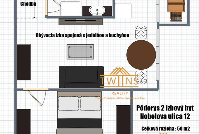 Pôdorys 2 izbový byt Nobelova_